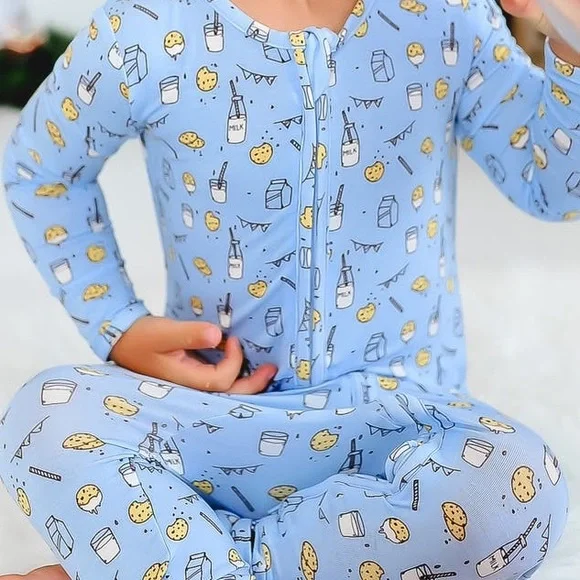 Bellabu Bear Kids' Milk & Cookies Blue Convertible Footie Pajamas designer pjs